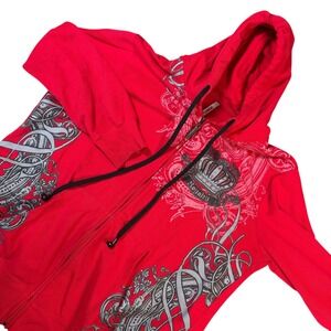 VTG Red Y2k Graphic full Zip Hoodie Crown Royalty‎ Sweater 90s HTF Sz 1x